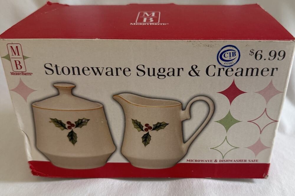 Merry Brite Dishes Stoneware Sugar & Creamer Christmas Dinnerware New